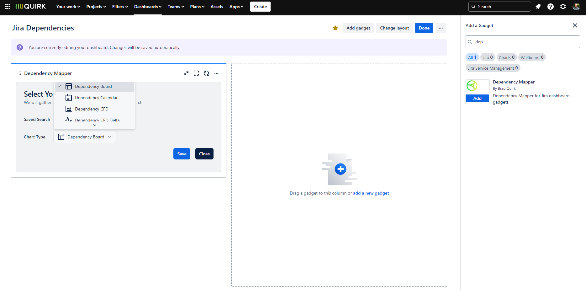 Screenshot showing the Add Gadget modal in Jira with the Dependency Mapper Gadget selected. The configuration panel displays dropdown menus for chart type and saved search selection.