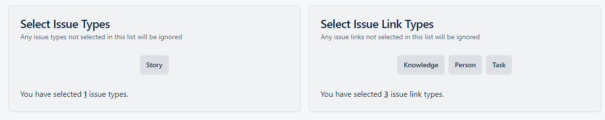 Screenshot of the Dependency Mapper's filtering panel showing two sections, 'Select Issue Types' with checkboxes for different Jira issue types, and 'Select Issue Link Types' with checkboxes for various relationship types between issues.