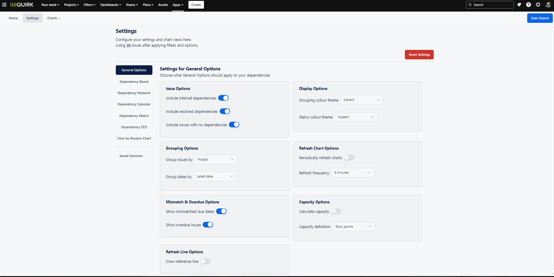 Screenshot of the Dependency Mapper's General Options panel showing multiple configuration settings. The panel contains toggles for internal dependencies, resolved issues, and orphaned issues along with visual preferences such as Dark Mode and colour themes. Additional settings include date handling options for grouping and mismatches, data refresh controls, and capacity calculation preferences. Each option displays helpful explanatory text.