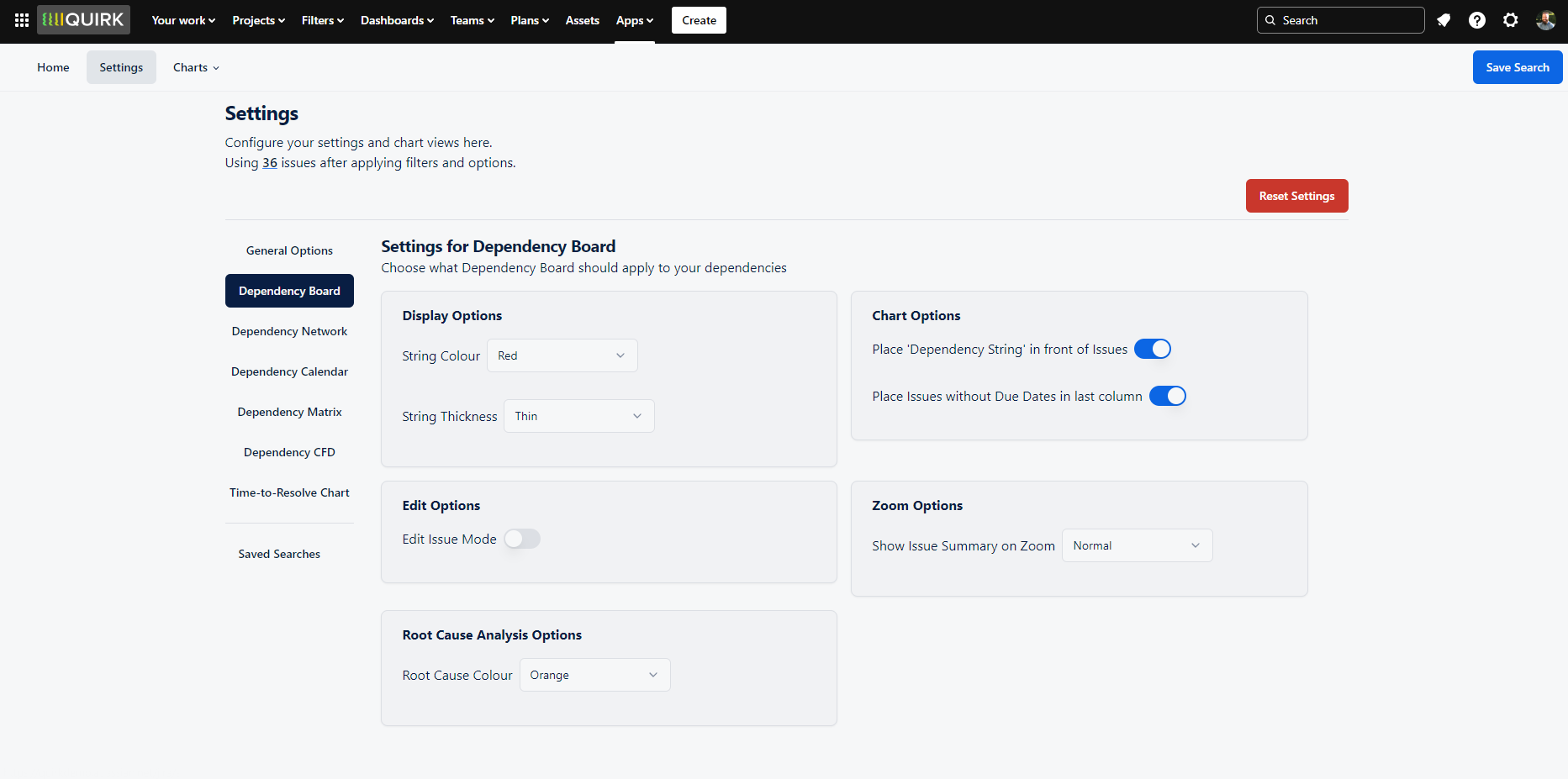 Screenshot of the Dependency Board Options panel showing customisation settings for the board layout. The panel displays controls for string appearance including colour and thickness along with toggles for issue editing mode and root cause highlighting. Additional options control string placement, date handling, and zoom behaviour for issue details.