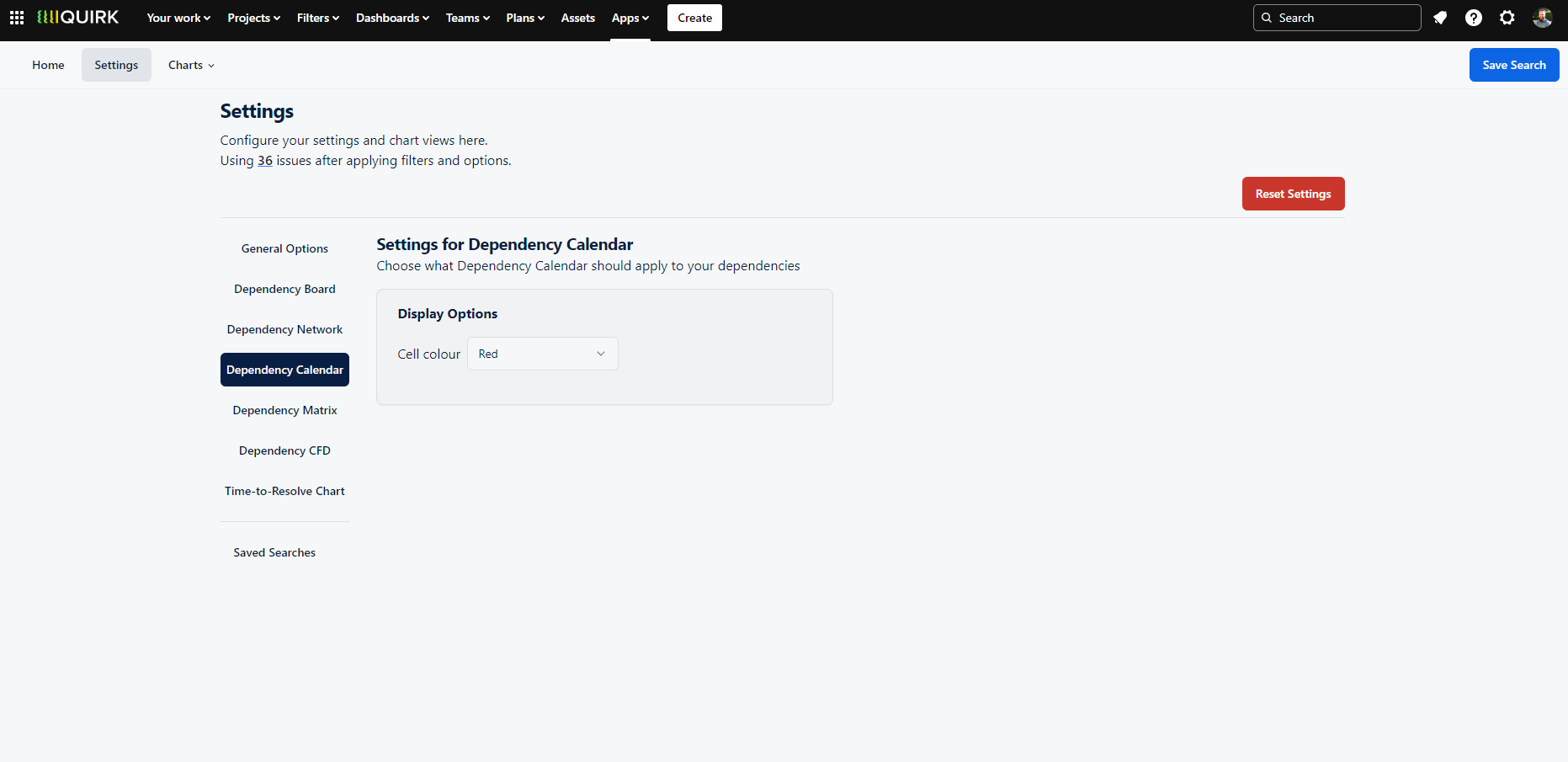 Screenshot of the Dependency Calendar Options panel showing a single setting to control the colour theme used for displaying dates with high dependency counts.