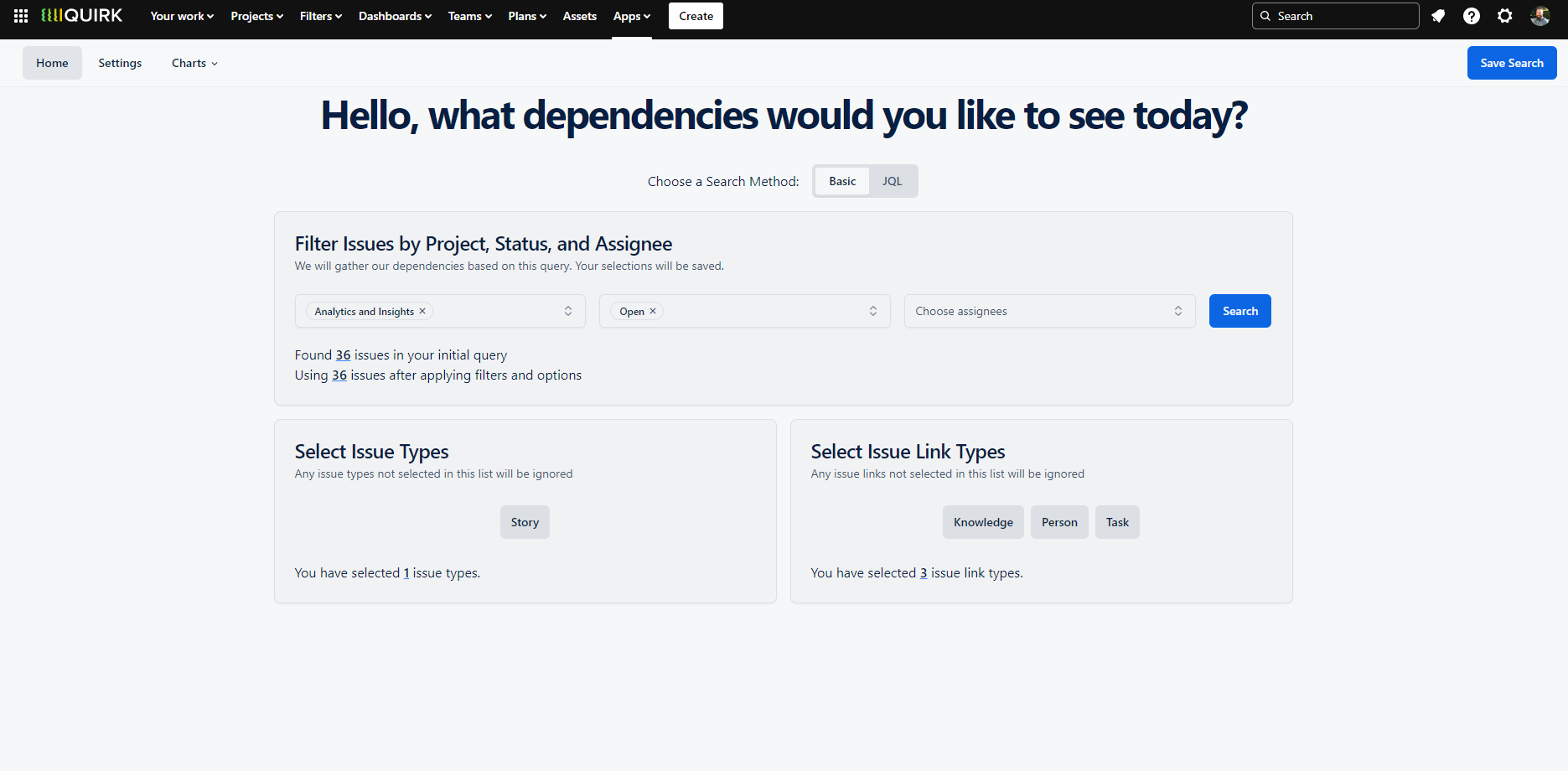 Screenshot of the Dependency Mapper's Basic Search interface showing dropdown menus for issue type selection, field filters, and search criteria. The interface displays a clean layout with search options arranged vertically, similar to Jira's basic search.