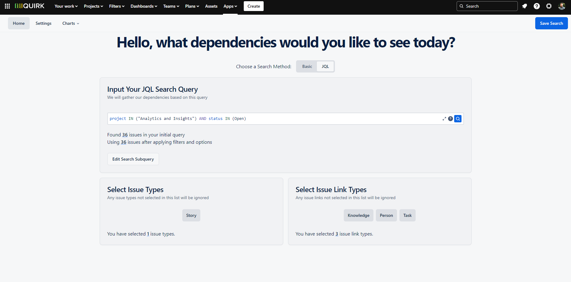 Screenshot of the Dependency Mapper's JQL Search interface featuring a text input field for the main JQL query, a dropdown to select Include or Exclude for the Subquery option, and a second text input field for the Subquery JQL. A 'Search' button appears below the query fields.