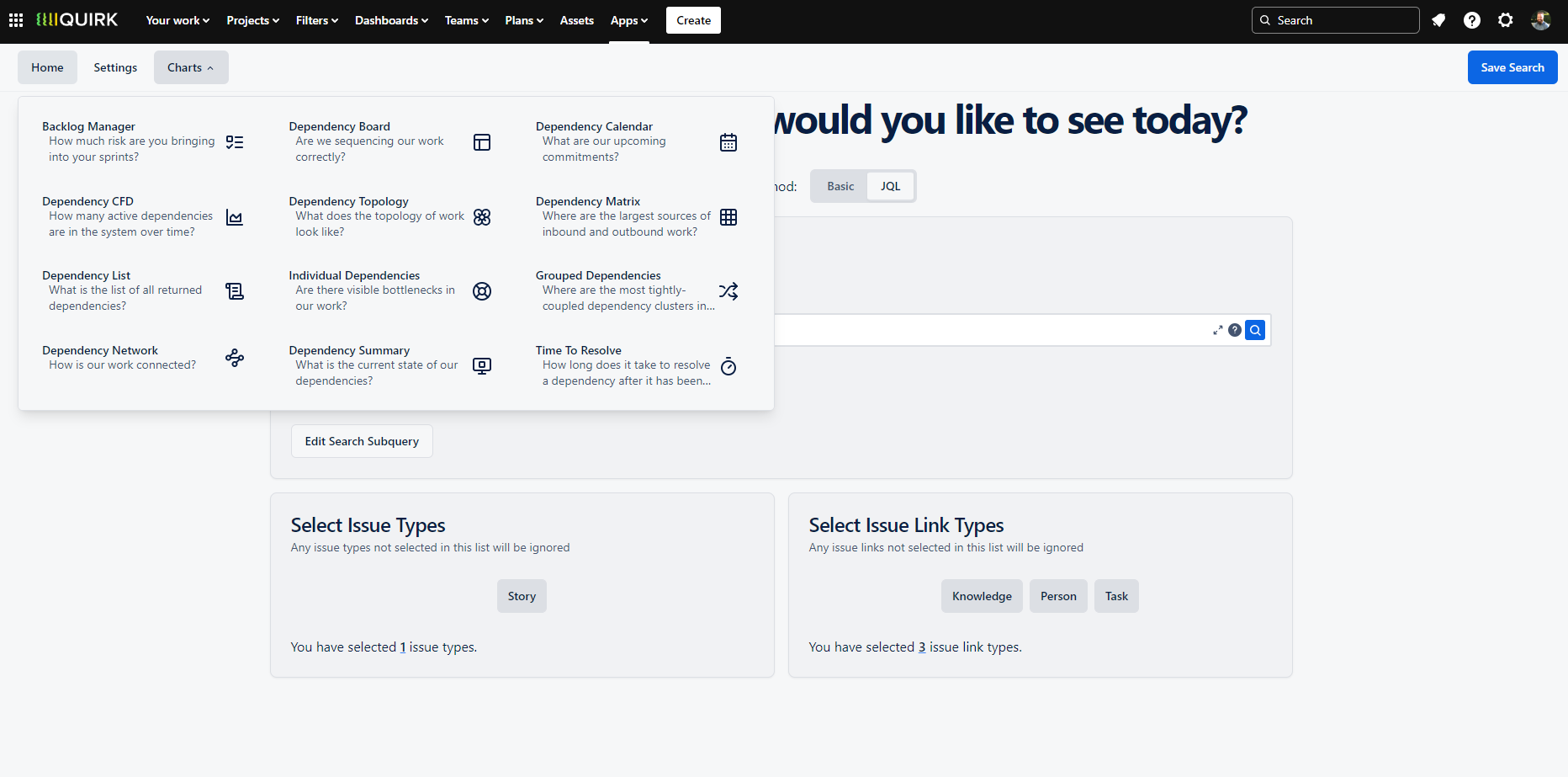 Screenshot showing the Dependency Mapper's top navigation bar with the Charts menu expanded, displaying various visualisation options including the recommended Dependency Board view.